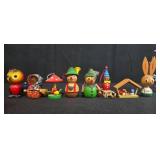 Collection of Miniature Wooden Christmas Ornaments and Plastic Display Trees