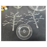 Collection of Miniature Wooden Christmas Ornaments and Plastic Display Trees
