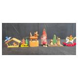 Collection of Miniature Wooden Christmas Ornaments and Plastic Display Trees