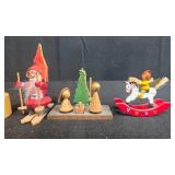 Collection of Miniature Wooden Christmas Ornaments and Plastic Display Trees