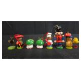 Collection of Miniature Wooden Christmas Ornaments and Plastic Display Trees