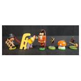 Collection of Miniature Wooden Christmas Ornaments and Plastic Display Trees