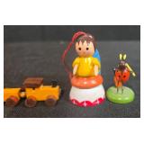 Collection of Miniature Wooden Christmas Ornaments and Plastic Display Trees