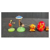 Collection of Miniature Wooden Christmas Ornaments and Plastic Display Trees