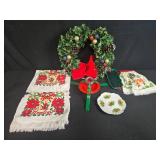 Assorted Vintage Christmas Decor and Linens, Wreath, Towels, and Dishes