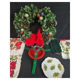Assorted Vintage Christmas Decor and Linens, Wreath, Towels, and Dishes