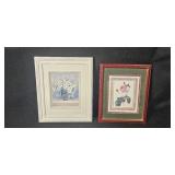 Pair of Framed Floral Prints - Balaz Signed and Vintage Botanical