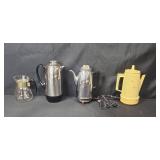 Collection of 4 Vintage Coffee Percolators and Carafe - Farberware, Kenmore, and More