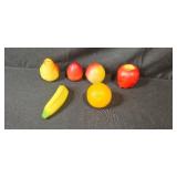 Mixed Decor Lot with Glass Bowl, Blue Glass Bell, Candles, Faux Fruit, and Slim Taper Candle Holder Set