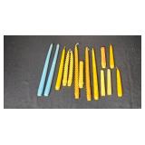 Mixed Decor Lot with Glass Bowl, Blue Glass Bell, Candles, Faux Fruit, and Slim Taper Candle Holder Set