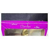 Mixed Decor Lot with Glass Bowl, Blue Glass Bell, Candles, Faux Fruit, and Slim Taper Candle Holder Set