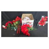 Holiday Decor Collection with Artificial Poinsettia Arrangements and Ceramic Boot Shakers