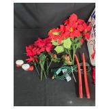 Holiday Decor Collection with Artificial Poinsettia Arrangements and Ceramic Boot Shakers