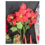 Holiday Decor Collection with Artificial Poinsettia Arrangements and Ceramic Boot Shakers