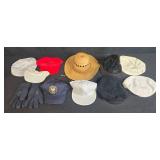 Collection of Mixed Hats and Gloves Including Caps, Berets, and Straw Hat