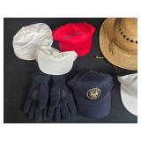 Collection of Mixed Hats and Gloves Including Caps, Berets, and Straw Hat