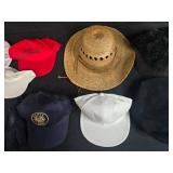 Collection of Mixed Hats and Gloves Including Caps, Berets, and Straw Hat