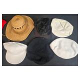 Collection of Mixed Hats and Gloves Including Caps, Berets, and Straw Hat