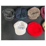 Collection of Mixed Hats and Gloves Including Caps, Berets, and Straw Hat