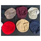 Collection of Mixed Hats and Gloves Including Caps, Berets, and Straw Hat