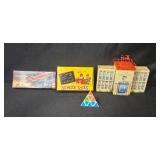 Set of Vintage Cape Canaveral Tin Building, Revell SNARK Model, School Tools Blocks, and Pyramid Puzzle
