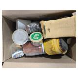 Box of Assorted Vintage Jars with Contents Including Rocks and Hardware