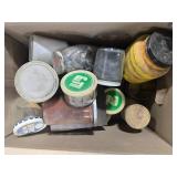 Box of Assorted Vintage Jars with Contents Including Rocks and Hardware