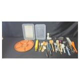 Large Kitchen Utensil and Storage Lot with Decorative Serving Tray