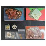 Assorted Coin Lot with Foreign and US Coins and Mineral Postcard Set