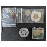 Assorted Coin Lot with Foreign and US Coins and Mineral Postcard Set