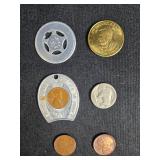 Assorted Coin Lot with Foreign and US Coins and Mineral Postcard Set