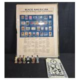 Black American Commemorative Stamp Collection, Tribute Clock, and Jazz Musician Figurines Set