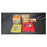 Vintage Games and Toys Collection with Po-Ke-No, Frustration Ball, Loop Craft, ABC Board and Die-Cast Vehicles