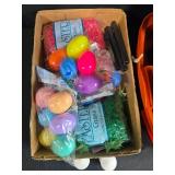 Holiday Decor Lot: Halloween Yard Stakes, Easter Eggs, Plastic Totes, and More