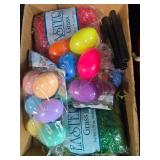 Holiday Decor Lot: Halloween Yard Stakes, Easter Eggs, Plastic Totes, and More