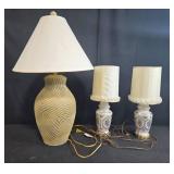Set of 3 Table Lamps - 1 Large Textured Ceramic and 2 Vintage Porcelain with Shades