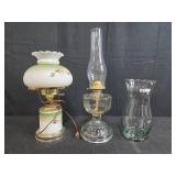 Lot of 2 Table Lamps with Oil Lamp and Glass Shade plus Recycled Glass Vase