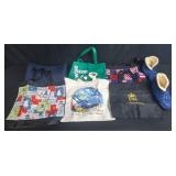Collection of Reusable Tote Bags and 1 Pair of Blue Quilted Slippers