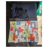 Collection of Reusable Tote Bags and 1 Pair of Blue Quilted Slippers