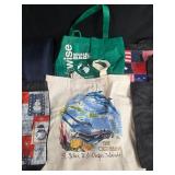 Collection of Reusable Tote Bags and 1 Pair of Blue Quilted Slippers
