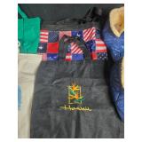 Collection of Reusable Tote Bags and 1 Pair of Blue Quilted Slippers