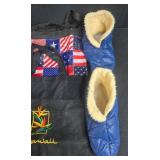 Collection of Reusable Tote Bags and 1 Pair of Blue Quilted Slippers