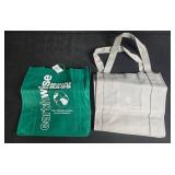 Collection of Reusable Tote Bags and 1 Pair of Blue Quilted Slippers