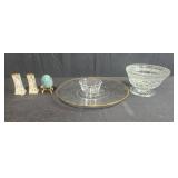 Vintage Decorative Tableware Lot with Glass Bowl, Plate, Salt and Pepper Shakers, and Decorative Egg