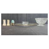 Vintage Decorative Tableware Lot with Glass Bowl, Plate, Salt and Pepper Shakers, and Decorative Egg
