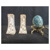 Vintage Decorative Tableware Lot with Glass Bowl, Plate, Salt and Pepper Shakers, and Decorative Egg