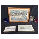 Framed Art Lot with Winter Scene at West Point, St. Louis Prints, Carlisle PA Jug, and Collectible Mugs