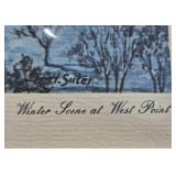 Framed Art Lot with Winter Scene at West Point, St. Louis Prints, Carlisle PA Jug, and Collectible Mugs