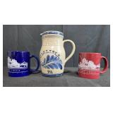 Framed Art Lot with Winter Scene at West Point, St. Louis Prints, Carlisle PA Jug, and Collectible Mugs