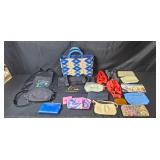 Assorted Travel Bag and Purse Lot Including Patterned Tote, PacSafe, Paris Eiffel Bag, and Accessories